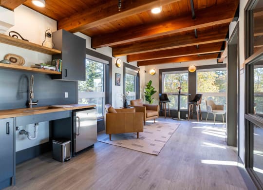 a kitchen and living room in a tiny house at Rivulet, Silverdale, WA