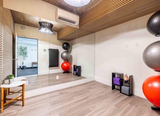 a workout room with exercise balls and a mirror in a building at Rivulet, Silverdale, 98383