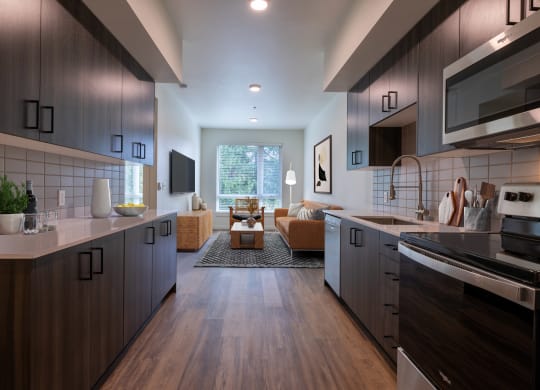 a kitchen and living room with a couch and a tv at Rivulet, Washington