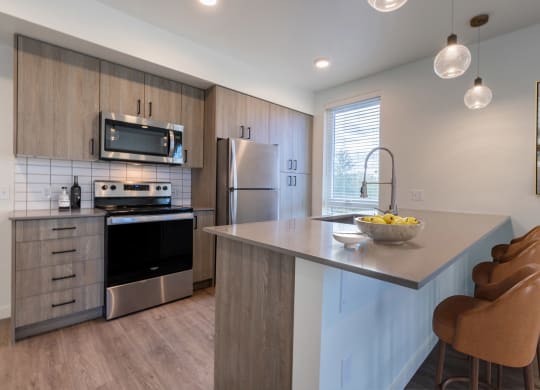 a kitchen with stainless steel appliances and a counter top at Rivulet, Washington, 98383