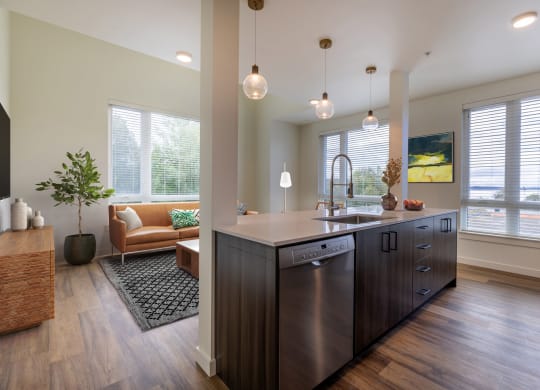 a kitchen with a large island and a living room at Rivulet, Washington, 98383