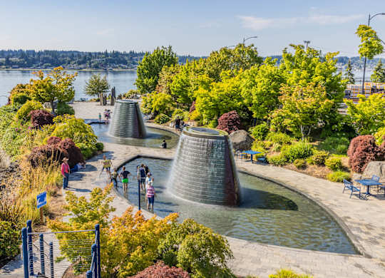 A group of people are standing in front of a water feature.