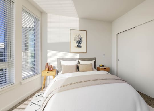 a bedroom with a large bed and two windows at Marina Square, Bremerton, WA, 98337