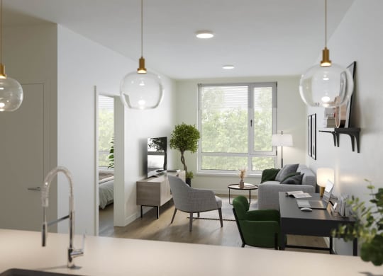 a rendering of a living room and dining room at Rivulet, Silverdale, 98383