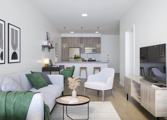 a rendering of a living room with a kitchen in the background at Rivulet, Silverdale, WA