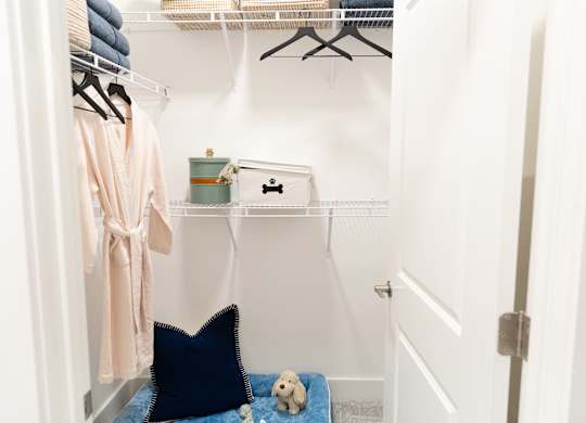 Primary bedroom walk-in closet with shelving and hanging space in a two-bedroom model apartment at The Crest at Oakwood in Oakwood, GA.
