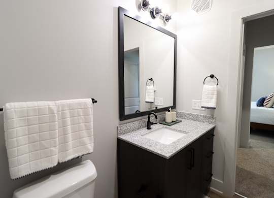 Ensuite bathroom with granite vanity and modern fixtures at The Crest at South Point Apartments, Georgia, 30253