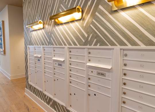 Resident mailbox wall with brass picture lights at The Wren Apartments, Lawrenceville, GA