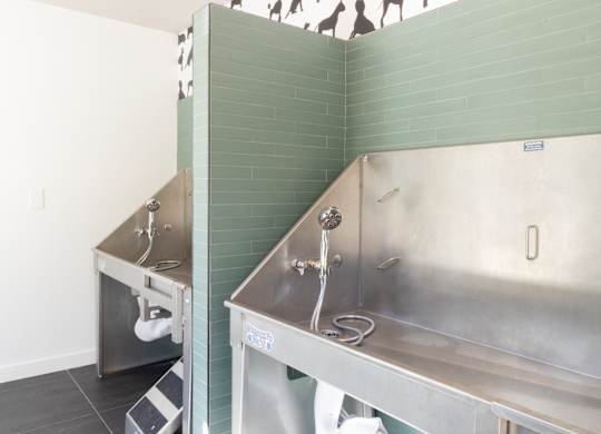 Pet washing station with stainless steel tubs at The Wren Apartments, Lawrenceville, 30043