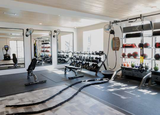 Fitness center with weights and battle ropes at The Wren Apartments, Lawrenceville, 30043