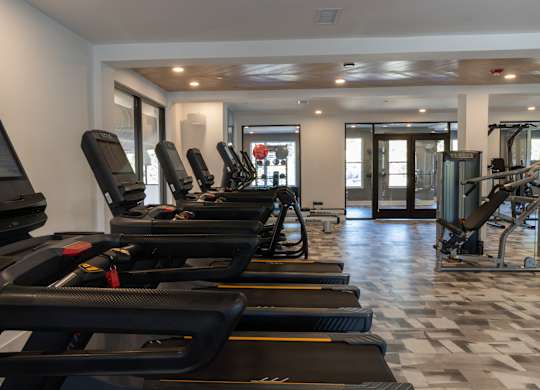 Fitness center with cardio equipment and modern finishes at The Wren Apartments, Lawrenceville, Georgia