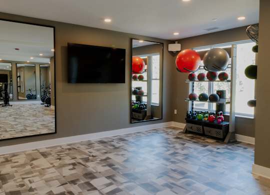 Yoga and fitness studio with mirrors and equipment storage at The Wren Apartments, Georgia, 30043