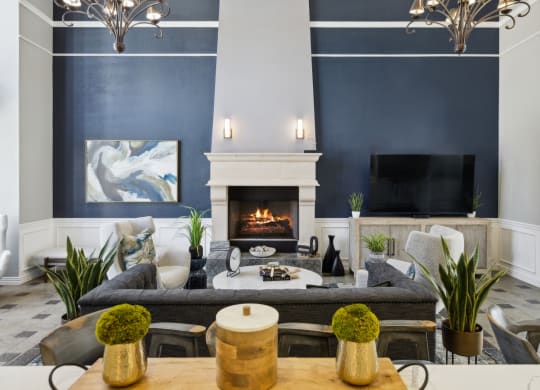 social lounge with fireside seating at Bridgeport Ranch apartments