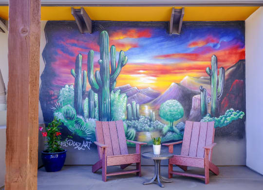 outdoor lounging area at Roosevelt Square apartments