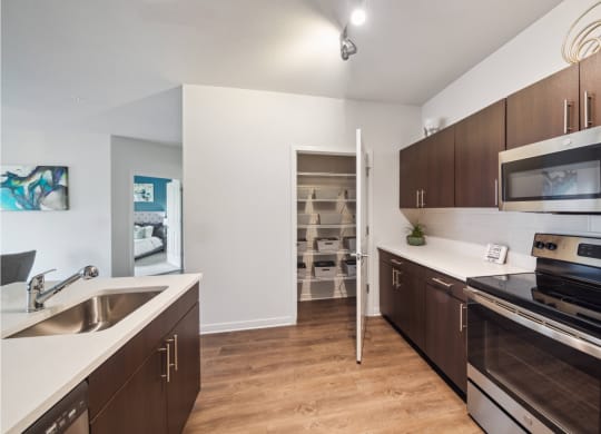 luxury kitchen with custom cabinetry and stainless steel appliances at Carrick Bend apartments