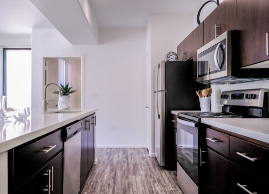 luxury kitchen with stainless steel appliances at Avora apartments