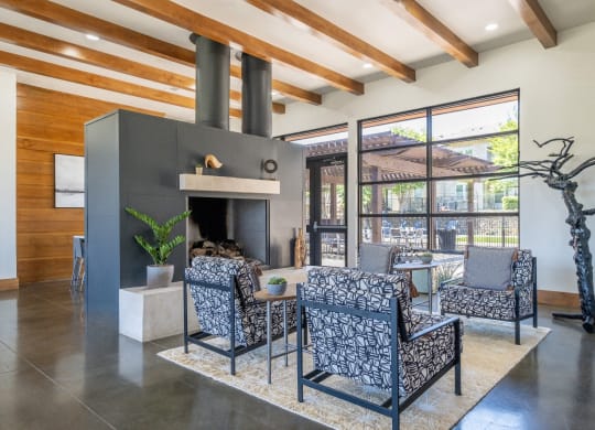 fireside social lounging area at The Pradera apartments