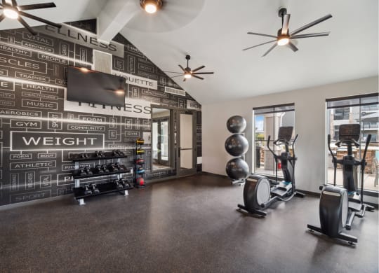 fitness center with free weights and strength training and cardio equipment at Carrick Bend apartments