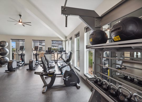 fitness center with cardio and strength training equipment at Carrick Bend apartments