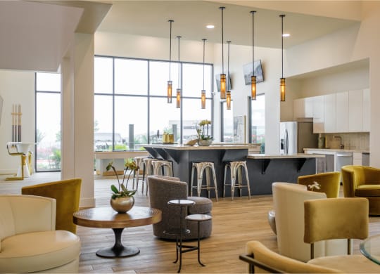 social lounge and resident demonstration kitchen   at Reveal Skyline apartments