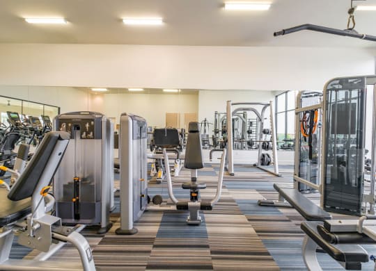 fitness center with cardio machines and weights at Reveal Skyline apartments