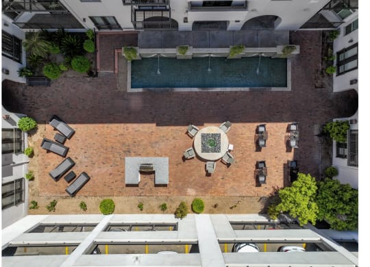 aerial view of a courtyard at Roosevelt Square apartments