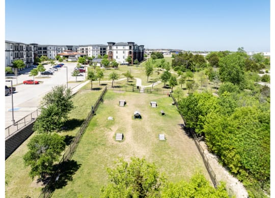 aerial view of Berkshire Spring Creek apartments with a pet friendly dog park