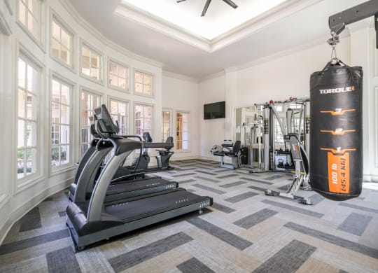 fitness center with cardio equipment at Stoneleigh on Spring Creek apartments