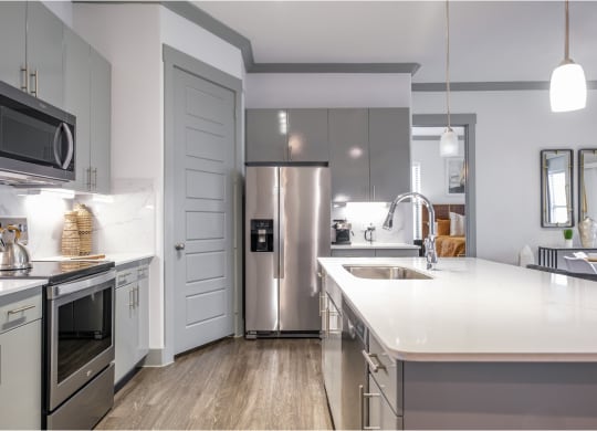 luxury kitchen with stainless steel appliances at Reveal Skyline apartments