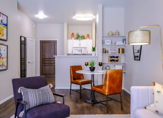 open-concept kitchen and living area at Roosevelt Square luxury apartments