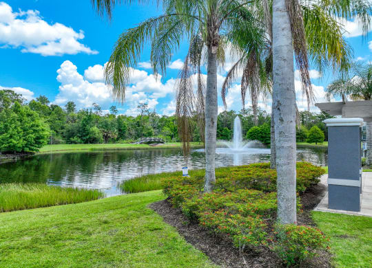 a view of the lake with a fountain at The Reserves at Alafaya apartments