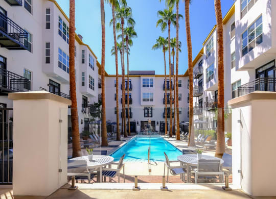 swimming pool and poolside lounging areas at Roosevelt Square apartments