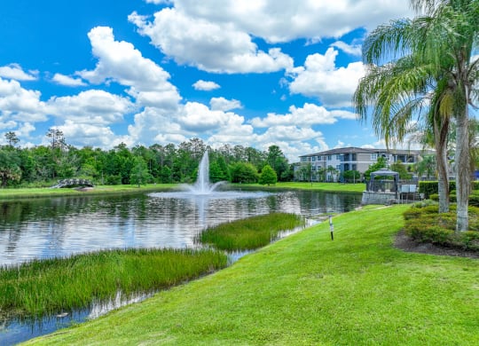 view of the lake with a fountain at The Reserves apartments