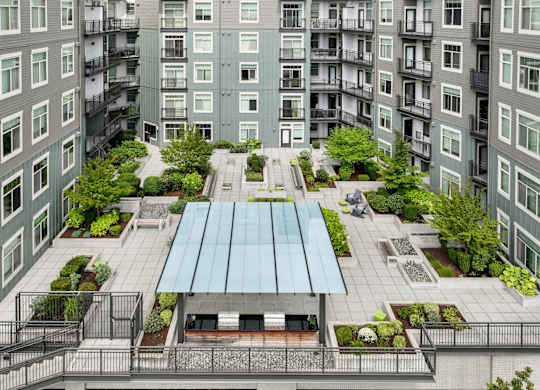 aerial view of outdoor courtyard and social gathering spaces at Elan Redmond apartments