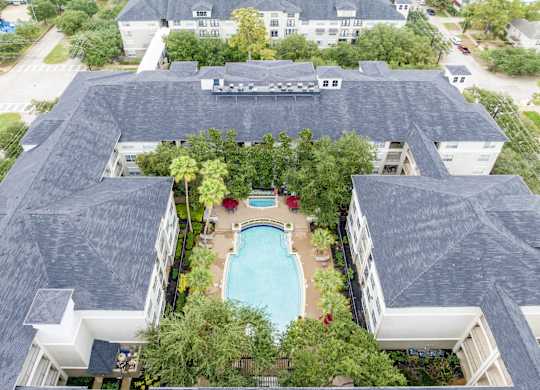 an aerial view of The Plaza Museum District apartments