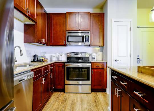upscale kitchen at Berkshire Village District luxury apartments for rent in Raleigh