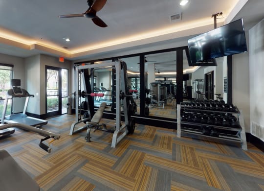 a gym with cardio equipment and a flat screen tv
