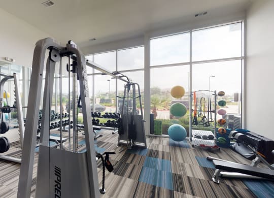 a gym with a lot of exercise equipment and large windows