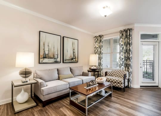 Village at Marquee Station apartments living room with hardwood-inspired flooring