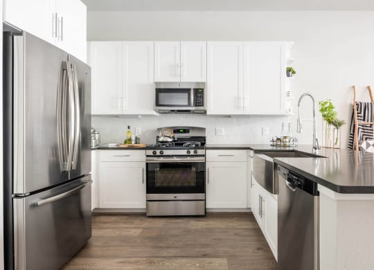 spacious kitchen with custom cabinetry and stainless appliances at Tinsley on the Park apartments