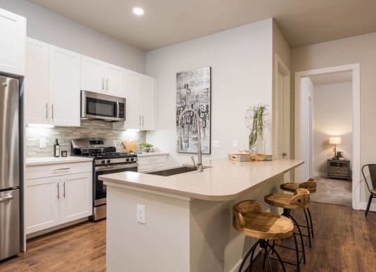 a kitchen with custom cabinetry and stainless steel appliances at Tinsley on the Park apartments