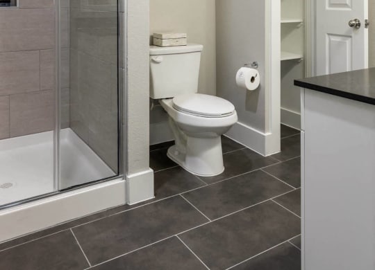 bathroom with glass-framed shower doors at Tinsley on the Park apartments