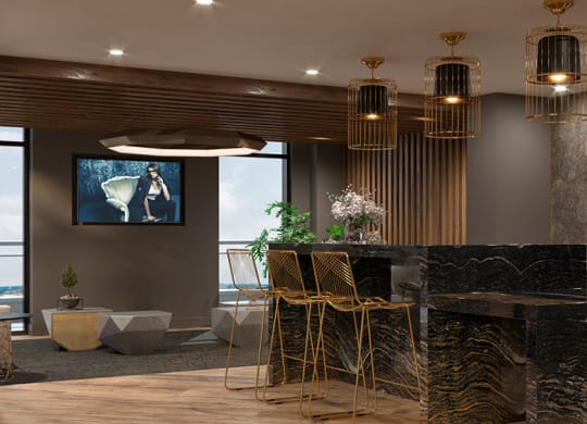 a kitchen with a bar and chairs and a tv in Tribeca NOMA apartments