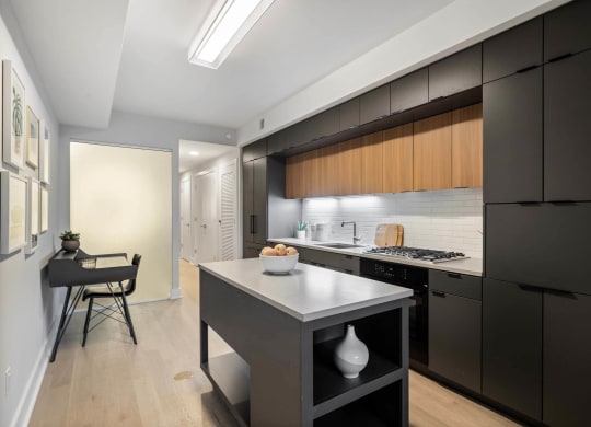 a modern kitchen with black cabinets and white countertop at Tribeca NOMA apartments