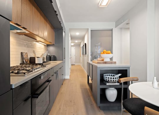 a kitchen with a long counter and a modern stove in Tribeca NOMA apartments