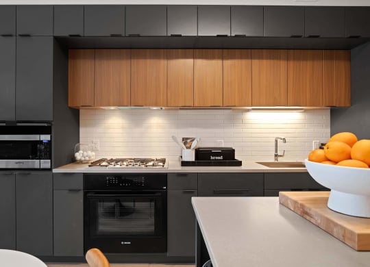 a kitchen with black wooded cabinets and sleek appliances at Tribeca NOMA apartments