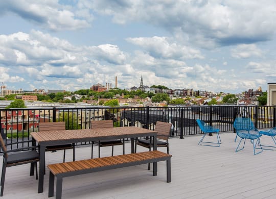 Rooftop Skydeck with Al Fresco Dining and Work-From-Home Spaces and  Stunning Views of Downtown Boston and Zakim Bridge at Gatehouse 75, Charlestown, Massachusetts