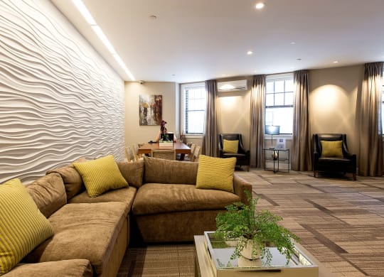 Beautifully Designed Resident Club Room and Lounge with Work-From-Home Spaces, Resident Lounge, Coffee Bar and Media Viewing Space at Gatehouse 75, Massachusetts