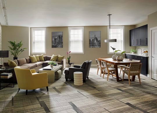 Beautiful Interior Designs in Resident Lounge and Club Room with Coffee Bar, Media Viewing Area and Resident Work Spaces at Gatehouse 75, Massachusetts