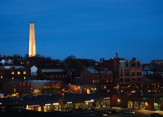 Charming Dusk and Nighttime Views of Charlestown MA and Bunker Hill Monument-at Gatehouse 75, Massachusetts, 02129